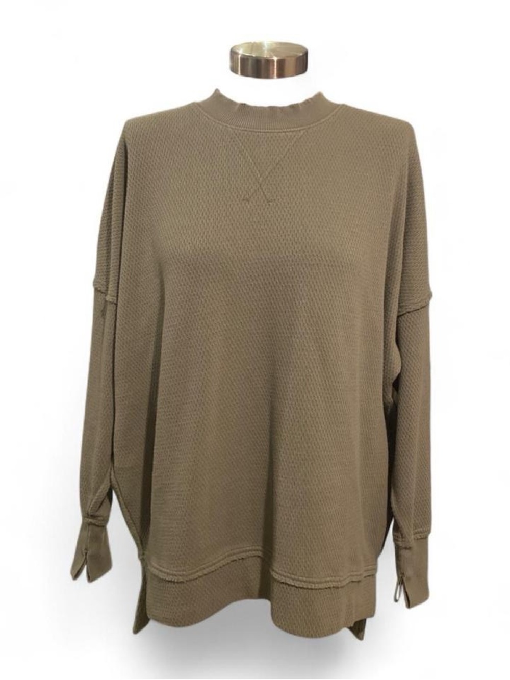 aerie Olive Waffle-Knit Oversized Crewneck Sweater